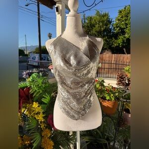 Silver Sequin Draped Halter Top whit the short too